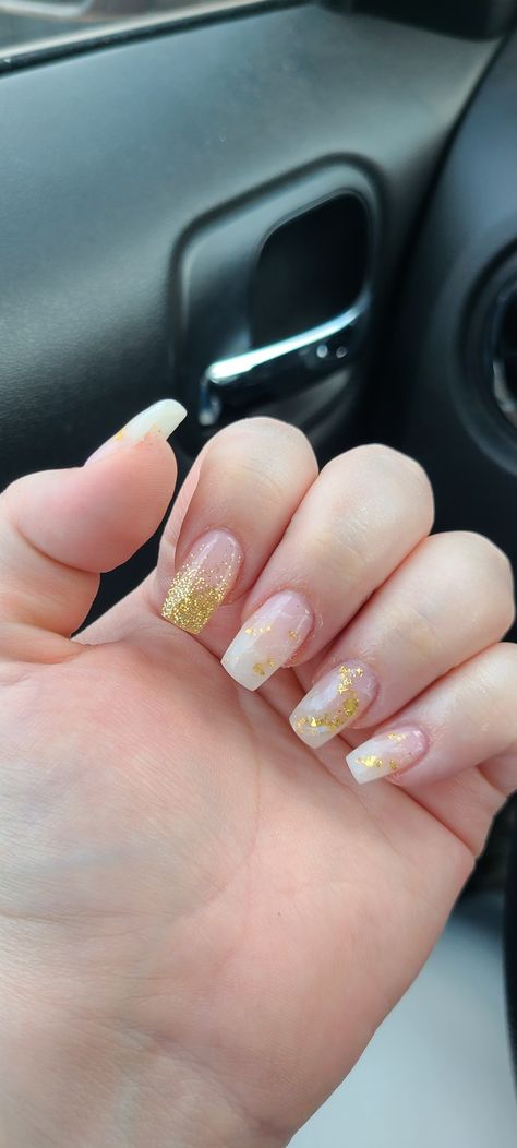 Nail Ideas With Gold Foil, Gold Glitter Nails Square, Gold Dip Nails, Nails With Foil Flakes, Faith Nails, Nails With Gold Flakes, Sweet 16 Nails, Coffin Shaped Nails, Nails With Gold