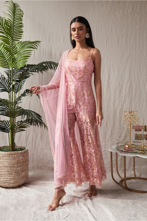 Rose-pink chantilly lace sharara style jumpsuit with shorts lining and net dupatta with pearl and Swarovski lace Sharara Jumpsuit, Jumpsuit With Dupatta, Elegant Pink Sharara With Lace Work, Pink Fitted Lace Work Sharara, Bollywood Style Pink Sharara With Sheer Dupatta, Summer Pink Palazzo Set With Sheer Dupatta, Luxury Pink Palazzo Set With Sheer Dupatta, Ladies Suits Indian, Girls Jeans Fashion