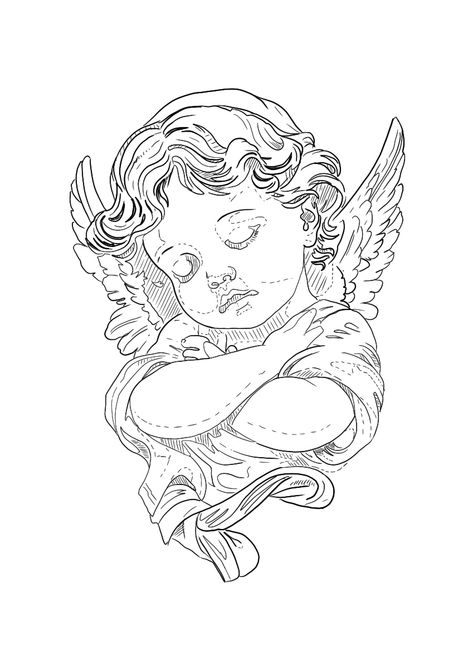 Cherub Statue Tattoo, Cherubs Drawing, Back Tattoo Angel, Tattoo Ideas Angels, Cherub Angel Drawing, Angel Tattoo Sleeve, Drawing Ideas Outlines, Angel Tattoo Outline, Angel Leg Tattoo