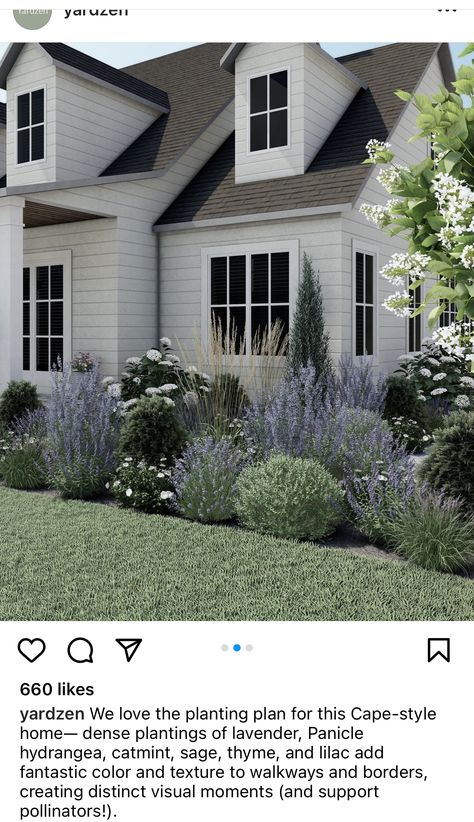 From House Landscaping, Cottage House Landscaping, Country Home Landscaping Ideas, North East Landscaping Ideas, Green Landscaping Front Yard, White Farmhouse Landscaping Front Yard, Ranch Style Homes Landscaping, Front Garden Bed Ideas Curb Appeal, Gray House Landscaping