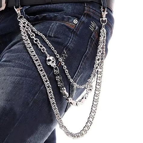 PRICES MAY VARY. Material: Metal. Weight: 214g. Size of Chains: 35cm, 40cm, 56cm This pants chain for men is well made and heavy duty, it's solid wallet keychain It’s super cute- hooks on to belt loops, very nice and has good weight to it It's very reminiscent of the 80's style bike chains, right length not to short or to long Very chic, very sturdy and very attractive piece of hardware that adds that extra boost to your fashion statement Belt Chains, Hip Hop Mode, Jeans With Chains, Chain Pants, Skull Belt, Rock Jeans, Jeans Chain, Gothic Mode, Pants Chain