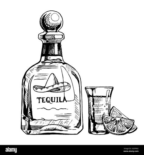 Alcohol Art Bottle, Tequila Bottle Drawing, Alcohol Drawing Bottle, Drinking Drawing Alcoholic, Liquor Bottle Tattoo, Tequila Bottle Tattoo, Alcohol Bottle Tattoo, Alcohol Bottle Drawing, Tequila Drawing