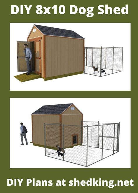 This diy 8x10 gable shed is easy to build and can be used for a multitude of purposes. Here I show it being used for a dog kennel. The easy to use and understand plans come with building guide, materials list, and email support. Learn more about these backyard shed plans by visiting shedking today and you might just save some money with your purchase Shed Converted To Dog House, Easy Diy Dog Kennel Outdoor, Shed Into Dog House, How To Build A Big Dog House, Outdoor Dog Shed, Large Dog House Diy Plans, Shed Dog House Ideas, Dog Sheds Outdoor, Build A Dog House Diy