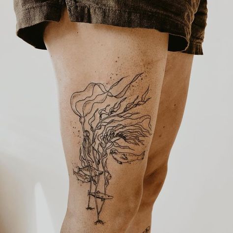 Tofino Tattoo Ideas, Forest And Ocean Tattoo, Tofino Tattoo, Bull Kelp Tattoo, Kelp Forest Tattoo, Kelp Tattoo, West Coast Tattoo, Pnw Tattoo, Ocean Sleeve Tattoos