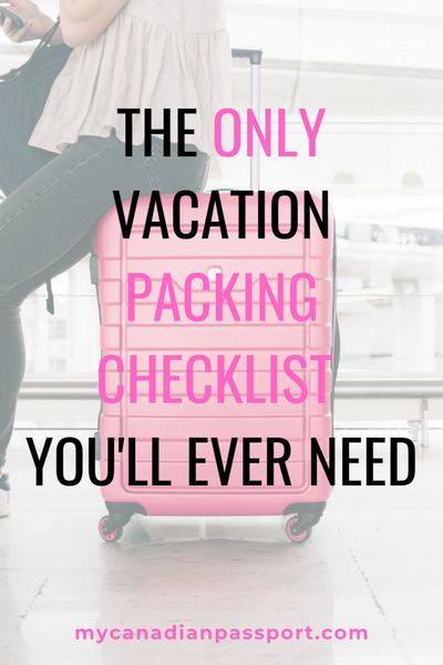 Eliminate the stress in packing by using this printable, comprehensive vacation packing list. I guarantee you won't forget a thing! #packingtips #packinglist #packingchecklist #beprepared Vacation Packing Checklist, Canada Cruise, Beach Vacation Packing List, Canadian Passport, Vacation Checklist, Vacation Packing List, Packing List For Cruise, Packing Guide, Packing List For Vacation