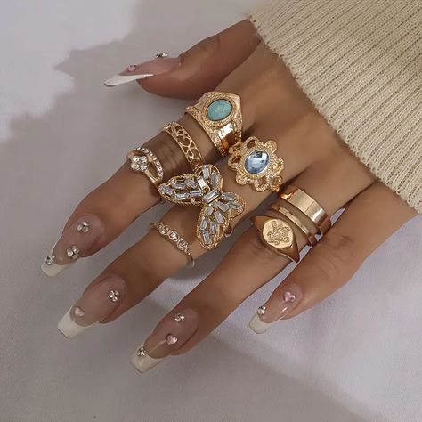 Item id: NL00693 Plating: Other Mosaic Material: Rhinestones The Main Material: Zinc Alloy Pine Jewelry, Fashion Ring Set, Dope Jewelry Accessories, Mixed Metal Jewelry, Gold Rings Jewelry, Dope Jewelry, Chunky Jewelry, Jewelry Essentials, Stacked Jewelry