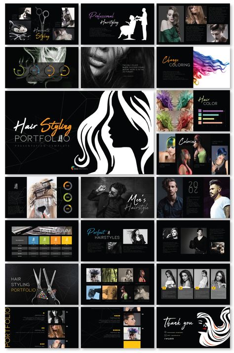 This template is applicable for diverse purposes such as cosmetology services, beauty salons and hairstyling, and lookbooks. Cosmetology Portfolio Ideas, Styling Portfolio, Lookbook Layout, Hair Portfolio, Look Books, Portfolio Presentation, Portfolio Design Layout, Picture Templates, Hair Things