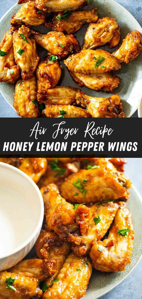 These Honey Lemon Pepper Wings are dangerously addictive! A delicious appetizer, these air fryer chicken wings are perfectly seasoned in a honey, lemon and pepper glaze and are extra crispy too. Made with basic ingredients, yet packed with flavor! (this recipe is Gluten-Free) Honey Lemon Pepper Wings, Lemon Pepper Chicken Wings Recipe, Chicken Wing Flavors, Honey Chicken Wings, Crispy Recipes, Lemon Pepper Chicken Wings, Honey Lemon Chicken, Lemon Pepper Wings, Crispy Chicken Wings