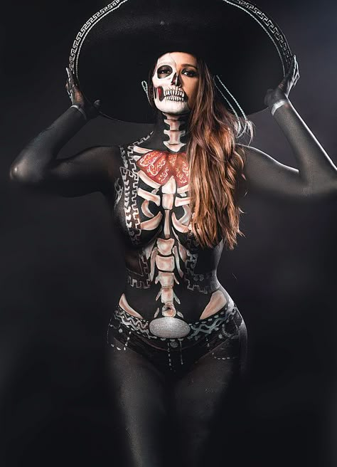 Bodypaint Glam Catrina Makeup, Mexican Heroes, Mexican Katrina, Skull Makeup Photoshoot, Mexican Skeleton Costume, Mexican Skeleton Mask, Body Painting Festival, Sugar Skull Artwork, Sugar Skull Girl