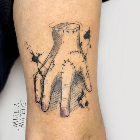 Adams Family Thing Tattoo, Wednesday Addams Tattoo Ideas, Addams Family Hand, Wednesday Tattoo, Addams Family Tattoo, Wednesday Addams Tattoo, Addams Family Quotes, Horror Sleeve, Family Quotes Tattoos