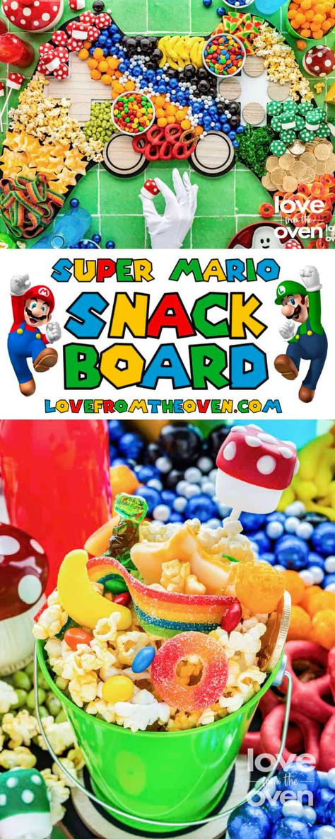 Mario Bros Movie Night, Super Mario Theme Party Food, Super Mario Bro Food Ideas, Super Mario Themed Cocktails, Mario Movie Night Ideas, Food For Mario Birthday Party, Mario Snack Board, Super Mario Brothers Food Ideas, Super Mario Dinner Ideas