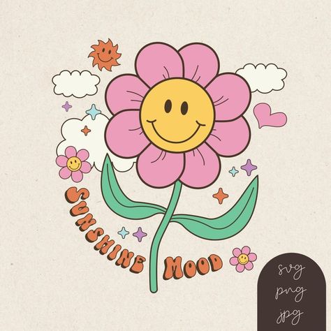 MidnightMindDesign - Etsy Brasil Vintage T Shirt Design, Daisy Svg, Western Prints, Cute Smiley Face, Retro Daisy, Digital Cut File, Digital Form, Retro Vibe, Design Digital