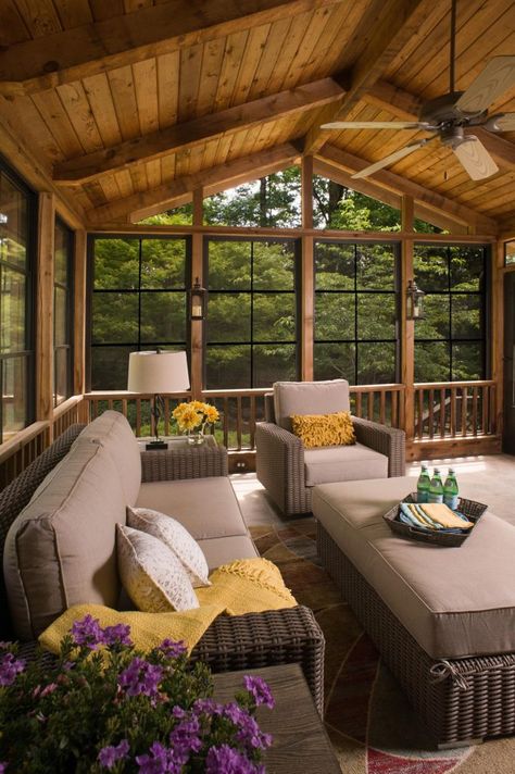 Eze-Breeze porches - Atlanta Decking & Fence Company Wood And Black Ceiling, Cabin With Covered Deck, Screen Porch Tile Floors, Vaulted Screen Porch, Open Gable Back Porch, Cozy Screened In Porch Ideas, Eze Breeze Screened Porch, Screen Front Porch, Enclosed Outdoor Rooms