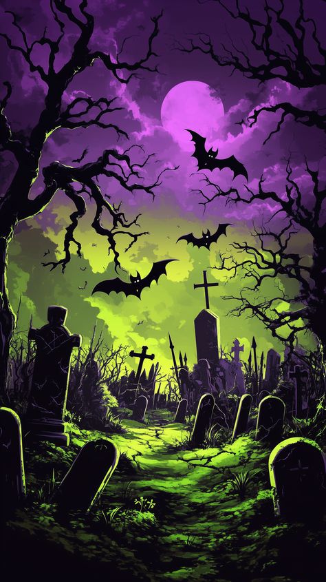 🎃✨ Get ready for a spine-tingling Halloween! 🌌👻 Dive into this spooky graveyard scene where ghostly creatures roam under a mesmerizing purple sky. 🏴‍☠️💀 With vibrant green and black highlights, this cartoon-style masterpiece is perfect for a mobile wallpaper that'll send shivers down your spine. 😱💚 Don't miss out on this ultra-detailed, hyper-realistic design that will elevate your Halloween spirit! 👀🖤 #HalloweenVibes #SpookySeason #MobileWallpapers #CartoonArt... Spooky Graveyard, Graveyard Scene, Black Highlights, Halloween Cartoons, Purple Sky, Halloween Night, Tombstone, Graveyard, Spirit Halloween