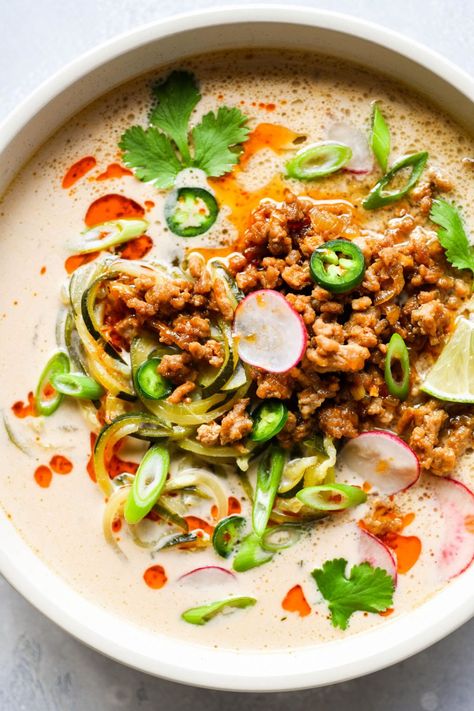 Paleo Ground Pork Recipes, Pork Broccoli, Whole30 Soup Recipes, Pork Soup Recipes, Zucchini Dinner Recipes, Pork Stew Recipes, Ground Pork Recipes, Zucchini Noodle, Pork Soup