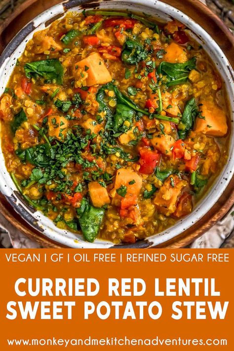 Lentil Sweet Potato, Sweet Potato Stew, Monkey And Me Kitchen Adventures, Monkey And Me, Potato Stew, Stewed Potatoes, Lentil Recipes, Red Lentil, Vegan Dinner Recipes