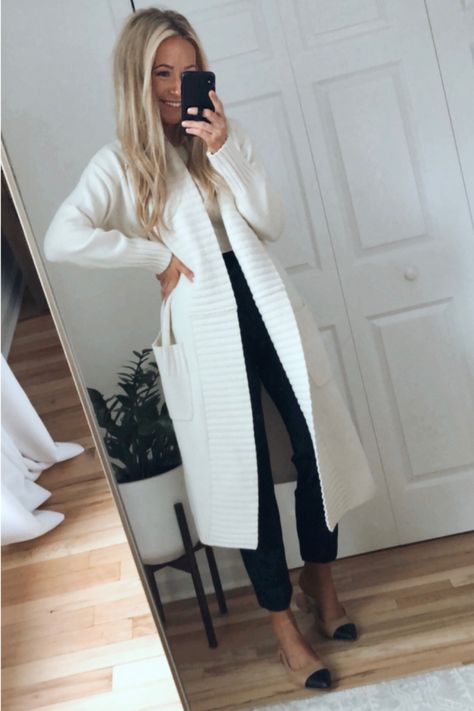 White Cardigan Black Leggings Outfit, Long Open Sweater Outfit, White Long Sweater Outfit, Long White Sweater Outfit, White Long Cardigan Outfit, Long Cream Cardigan Outfit, Long White Cardigan Outfit, Open Sweater Outfit, Cream Cardigan Outfit