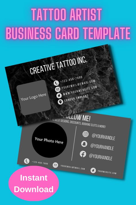 Editable business card for tattoo artists. Fully customizable, and can add your own logo and social media handles to your liking. Tattoo Artist Business Cards, Artist Business Cards Design, Cards Tattoo, Vintage Cowgirl Art, Printables Planner, Tattoo Placement Ideas, Physical Planner, Tattoo Templates, Famous Tattoos