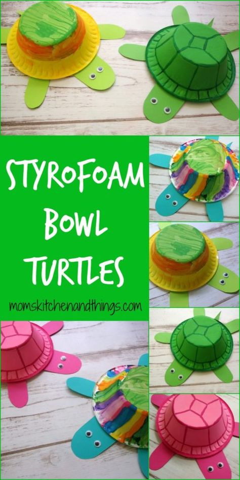 Styrofoam Bowl Turtles Babysitting Crafts, Turtle Crafts, Summer Camp Crafts, Toddler Arts And Crafts, Daycare Activities, Ocean Crafts, Animal Crafts For Kids, Daycare Crafts, Plate Crafts