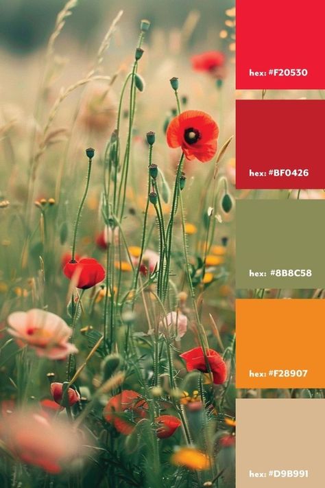 Red And Green Pastel Color Palette, Red Boho Color Palette, Red Green Yellow Wedding Theme, 70s Spring Color Palette, Green Nature Color Palette, Red Yellow Green Color Palette, Ginger Color Palette, Red Green Yellow Color Palette, Orange Green Color Palette