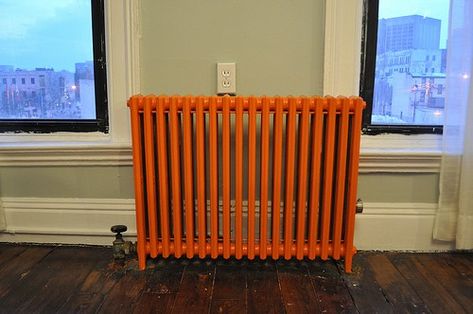 pumkin orange radiator Steam Radiators, Diy Small Apartment, House In The City, Toronto Apartment, Home Heating Systems, Painted Radiator, Bathroom Heater, Radiator Heater, Baseboard Heating