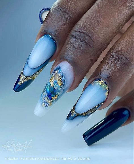 Blue White And Gold Nails, Carolina Blue Nails Designs, Blue Gold Marble Nails, Royal Blue Marble Nails, Blue Marble Nails With Gold Flakes, Blue And Gold Press On Nails, Long Square Nails, Gold Nails, Square Nails