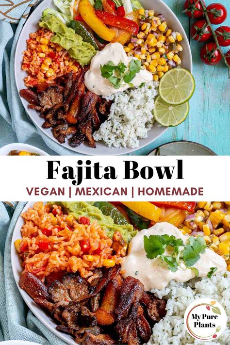 This 20-minute fajita bowl is the perfect answer to your needs for a quick yet flavorful and nutritious weeknight dinner! This easy recipe combines seasoned oyster mushrooms with colorful fajita veggies, two types of Mexican rice, a delicious corn salsa, creamy guacamole, zesty vegan Chipotle mayo, and a side of crisp lettuce to create an irresistible bowl that the whole family will love. Vegan Fajita Bowl, Vegan Fajita, Fajita Bowl Recipe, Fajita Ingredients, Fajita Veggies, Fajita Bowl, Creamy Guacamole, Chipotle Bowl, Vegan Chipotle