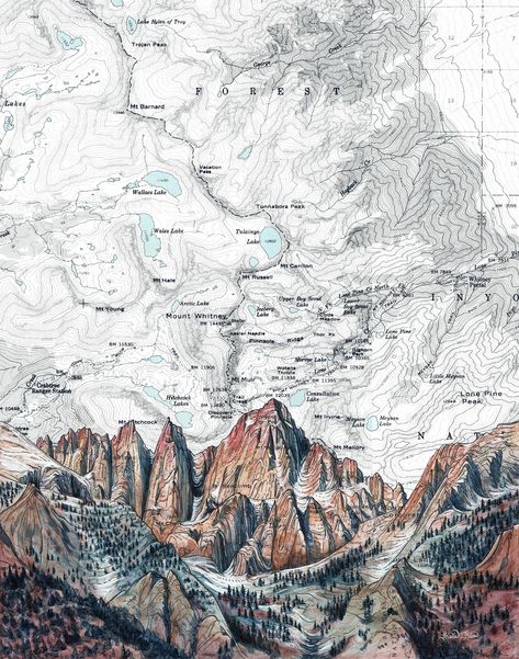 "My original Mt. Whitney Alpenglow painting on a vintage topography map is available in the following options: Matted Prints: -5x7\" print in 8x10\" mat (some cropping of the image occurs to fit this size) -8x10\" print in 11x14\" mat -12x16\" print in 16x20\" mat Matted prints are quality matte archival prints and come signed with cardboard backing in a protective plastic sleeve. Mat sizes are easy to find standard frame sizes. The image sizes are approximate and printed to fit the mat. If you Yosemite Art, Mt Whitney, Climbing Art, Topography Map, Mount Whitney, Print Illustration, 5x7 Print, John Muir, Map Art