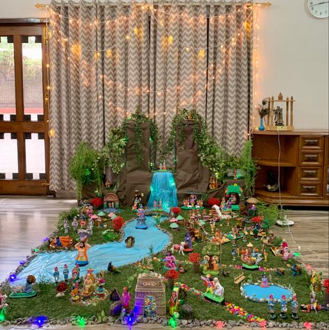 Janmastmi Decoration Ideas At Home, Krishna Jula, Repurpose Toys, Janmashtami Decoration Ideas Home, Navratri Ideas, Bommala Koluvu, Ganpati Decoration Theme, Janmashtami Celebration, Golu Dolls