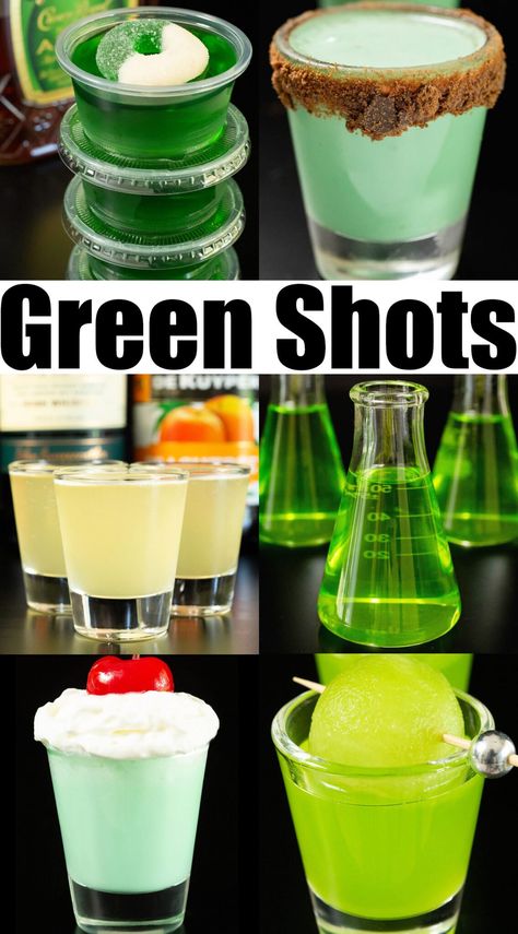 Wine Gummy Bears, Green Alcoholic Drinks, Green Shots, Shots Alcohol Recipes, Green Cocktails, New Year's Drinks, Shooter Recipes, Green Alcohol, Halloween Shots