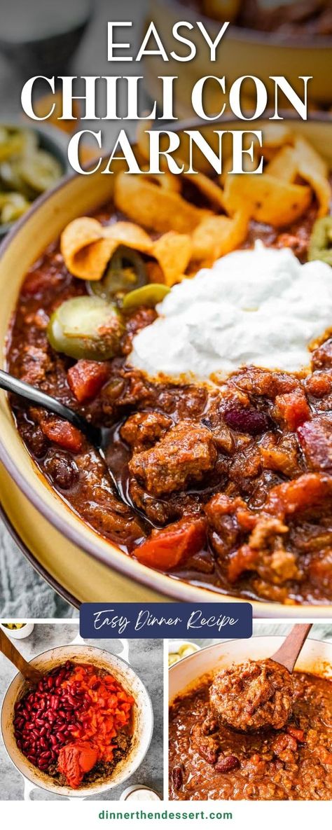 Easy Chili Con Carne recipe is hearty and flavorful made with ground beef, chili powder, onions, bell peppers and beans simmered until thick. Best Chili Con Carne Recipe, Meatloaf Chili, Chile Con Carne Recipe, Thick Chili, Sausage Chili, Chili Con Carne Recipe, Carne Recipe, Steak Chili, Cooks Kitchen