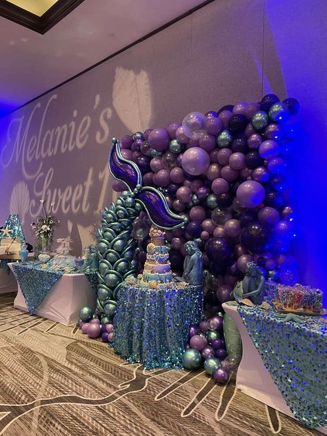 Mermaid Birthday Party Ideas | Photo 1 of 5 | Catch My Party Black Mermaid Party Decorations, Mermaid Sweet 16, Black Mermaid Party, Under The Sea Quinceanera Theme, Adult Mermaid Party, Mermaid Baby Shower Decorations, Sweet 16 Party Planning, Fashion Birthday Party, Mermaid Birthday Party Ideas