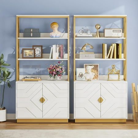 White and Gold Bookshelf with Doors: 70.9 Inches Tall Etagere Bookcase with 3 Shelves 2 Cabinets, Modern Open Display Book Shelves with Metal Frame for Living Room Bedroom Office Size: 2PCS. Bookshelf With Doors, Gold Etagere, Bedroom Bookshelves, Gold Bookshelf, Delicate Aesthetic, Bookshelf Door, White And Gold Decor, Bookshelf Display, Displaying Books