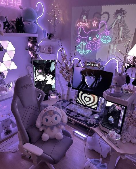 Kuromi Gaming Room, Black And Purple Setup, Cute Gaming Setup Purple, Purple And Black Pc Setup, Kawaii Gaming Setup Purple, Kuromi Room, Games Room Inspiration, Gaming Desk Setup, Gamer Setup