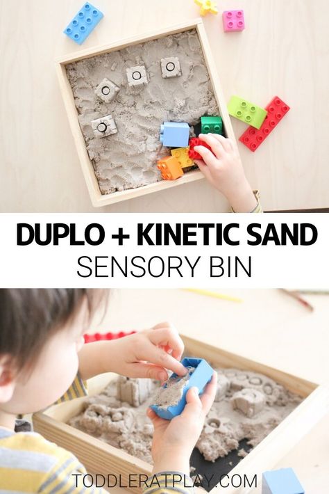 This Duplo + Kinetic Sand Sensory Bin is an easy sensory play idea that will keep your toddlers at play for a long time!  #sensorybin #sensoryplay #toddleractivity Kinetic Sand Sensory Bin, Sand Sensory Bin, Sensory Play Toddlers, Spring Crafts Preschool, Games To Play With Kids, Preschool Activities Toddler, Kinetic Sand, Outdoor Activities For Kids, Creative Games