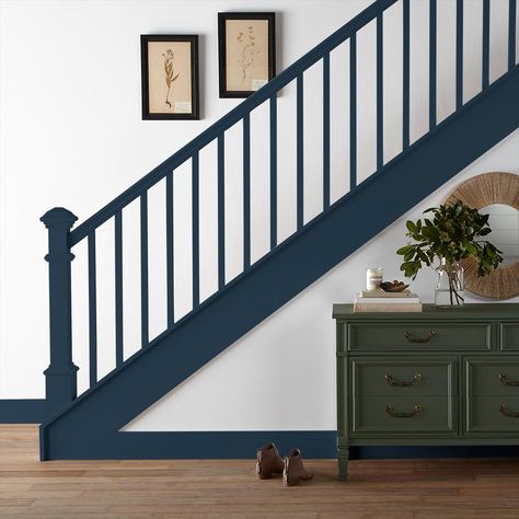 Painted Banister Ideas, Painted Banister, Banister Ideas, Painted Stair Railings, Navy Blue Houses, Exterior Home Renovation, Diy Stair Railing, Stairs Colours, Ski House Decor