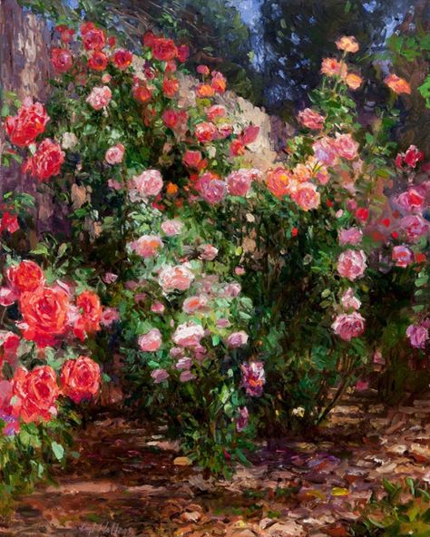 Rose Garden Painting Acrylic, Rose Garden Drawing, Rose Garden Painting, Rose Fence, Rose Hedge, Conte Drawing, Garden Paintings, Painting Roses, Art Oil Paintings