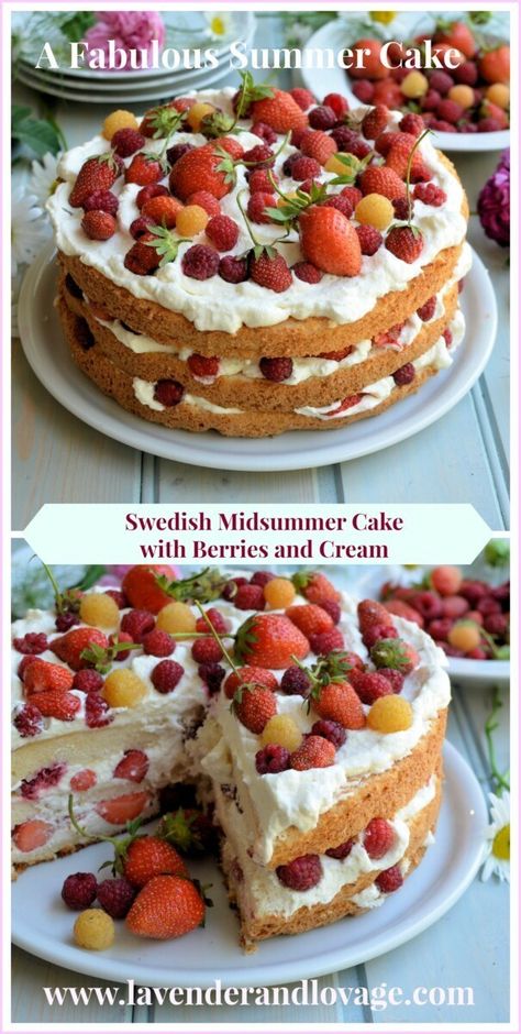 Swedish Midsummer Cake with Berries and Cream Scandinavian Summer Recipes, Swedish Midsummer Cake, Midsummer Food Ideas, Summer Solstice Cake, Swedish Midsummer Food, Swedish Birthday Cake, Summer Solstice Birthday Party, Midsummer Party Food, Summer Solstice Party Food