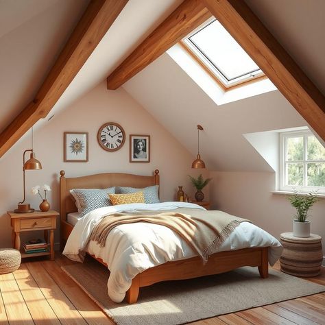 Make your attic bedroom warm and inviting with skylights that allow natural light to fill the space 🌞 #atticretreat #cozybedroom Attic Sloped Ceiling Bedroom, Bedroom With Skylight, Bedroom Slanted Ceiling, Low Ceiling Attic Bedroom, Cozy Attic Bedroom, Low Ceiling Attic, Sloped Ceiling Bedroom, Vaulted Ceiling Bedroom, Mom Room