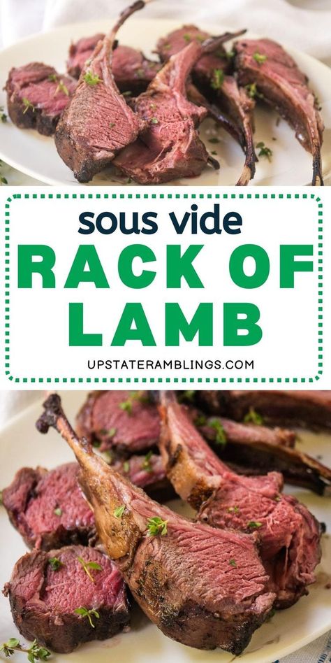 Sous Vide Rack of Lamb  for Fancy Dinner Pinterest pin. Sous Vide Lamb Chops, Sous Vide Lamb, Lamb Chop Recipes, Tender Meat, Lamb Ribs, Sous Vide Recipes, Rack Of Lamb, Sous Vide Cooking, Lamb Shanks