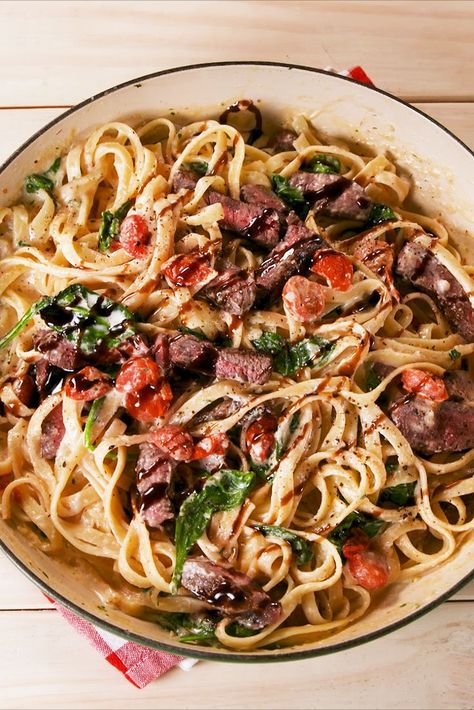 Fettuccini With Steak, Creamy Steak Fettuccine, April Dinners, Steak Pasta Salad, Steak Fettuccine, Creamy Steak, Leftover Steak Recipes, Easy Skillet Dinner, Steak Dinner Recipes