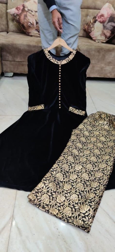 Velvet With Brocade Pants, Velvet Brocade Suit, Velvet And Banarsi Dress, Pant Kurti Designs Latest Party Wear, Black Velvet Kurti Design, Brocade Pants With Kurti, Black Velvet Suit Designs Pakistani, Velvet Suit With Brocade Pants, Velvet Neck Designs