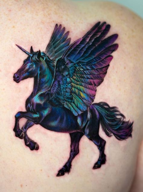 Black Unicorn Tattoo, Unicorn Tattoo Ideas Unique, Pegasus Tattoo Women, Dark Unicorn Tattoo, Unicorn Tattoo Ideas, Robot Unicorn, Pegasus Tattoo, Dark Unicorn, Unicorn Tattoo