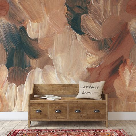 Painted Wall Behind Bed, Burnt Orange Accent Wall Living Room, Wallpaper Murals Statement Wall, Wall Blush Wallpaper, Limewash Accent Wall, Accent Wall Office, Colorful Accent Wall, Loving Wallpaper, Abstract Painting Wallpaper