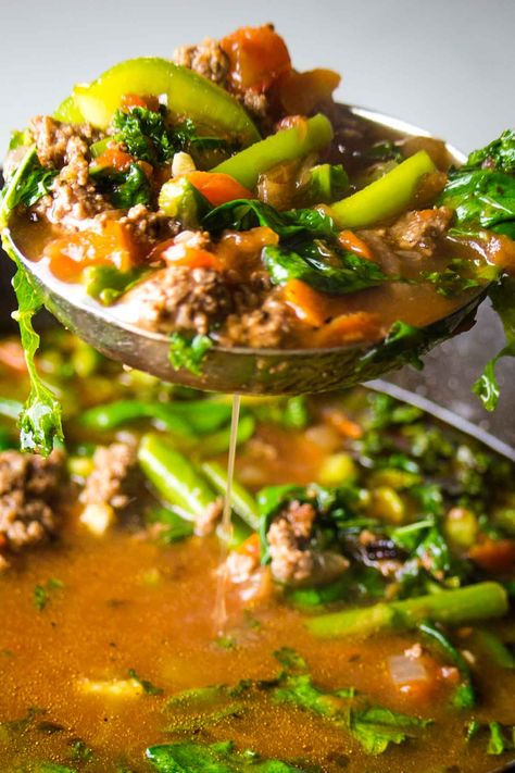 Beef Spinach Soup, Savory Fall Soups, Ground Beef Kale Soup, Clean Eating Soups And Stews, Hamburger Spinach Soup, Ground Beef Soups, Ground Beef Vegetable Soup Recipe, Ground Beef Vegetable Soup, Beef Vegetable Soup Recipe