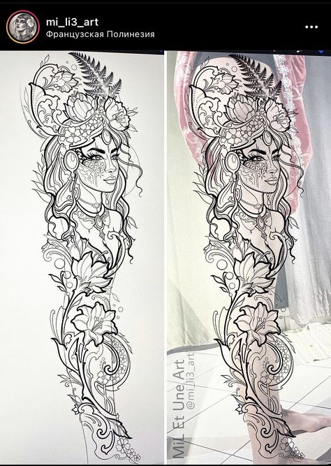 Cool Sleeve Tattoo Woman Art Designs, Womens Full Leg Sleeve Tattoo, Leg Sleeve Women Tattoo, Leg Tattoo Stencils For Women, Leg Sleeve Stencil, Full Leg Tattoos Women Sleeve, Womens Leg Sleeve Tattoo, Tattoo Ideas Female Leg Sleeve, Female Leg Sleeve Tattoo