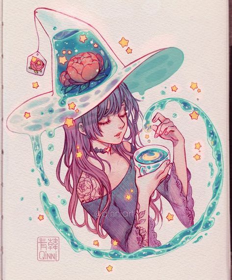 Yuumei Art, Tea Hat, Arte Do Kawaii, Arte Sketchbook, Witch Art, Flower Tea, Arte Fantasy, 판타지 아트, Kawaii Drawings