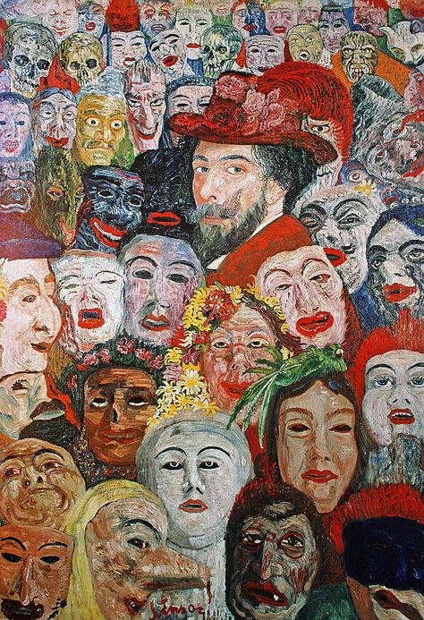 Ensor with Masks, self-portrait, Ensor aux masques, autoportrait, 1899, oil on canvas, 117 x 82 cm, Menard Art Museum, Komaki, Japan James Sidney Edward Ensor was born in 1860 in the town of Ostend, in Belgium. James' father, James Frederic, a cultured Englishman, met his mother, Marie Catherine Haegheman, a local girl from a middle class family that owned a souvenir and curiosity shop. The shop was to provide a livelihood for the Ensor family, and the future painter grew up in this sett... متحف فني, James Ensor, Figurative Kunst, Art Et Illustration, Art And Illustration, Gustav Klimt, Art Movement, Many People, Art Plastique