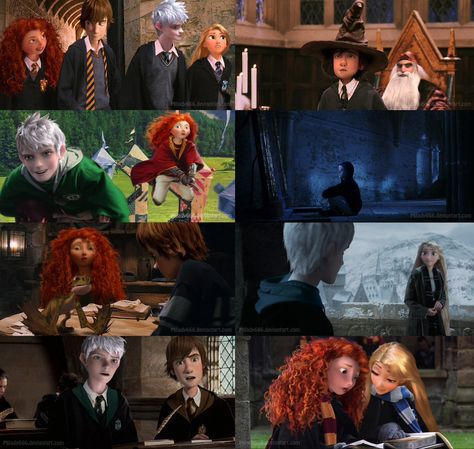 Hogwarts AU: the big four Disney Hogwarts, Big Four, Harry Potter Disney, Disney Princess Rapunzel, Big Six, Disney Crossovers, Animation Studios, Rise Of The Guardians, Modern Disney