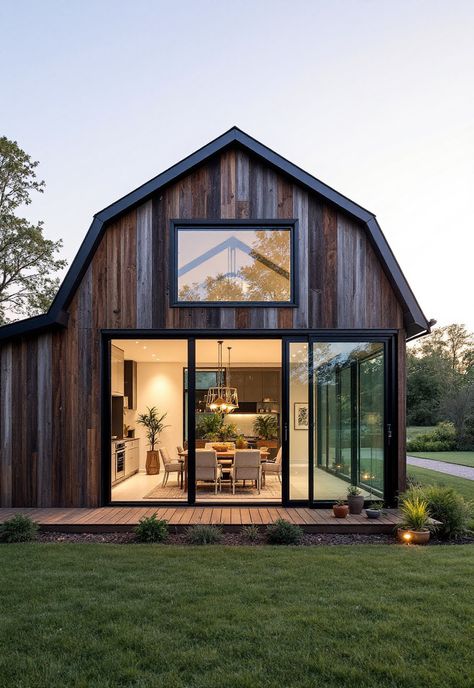 Small Barn House Barn Homes Exterior, Barn Converted To House, Small Barn Conversion, Rustic Modern Cabin Interior, Renovated Barns, Barn House Ideas, Barn Guest House, Scandinavian Barn House, Stone Barn Conversion